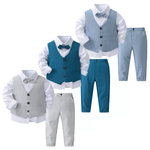 Kids Boys 4 Piece Gentleman Outfit Shirt Bowtie Pointed Hem Vest Long Pants Suit