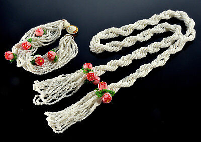 Vtg 30’S Milk Glass Tassel Celluloid Flowers Lariat Necklace Bracelet