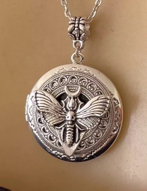 Lunar Moth Locket Necklace Evening Butterfly Crescent Moon Silver Plated Pendant