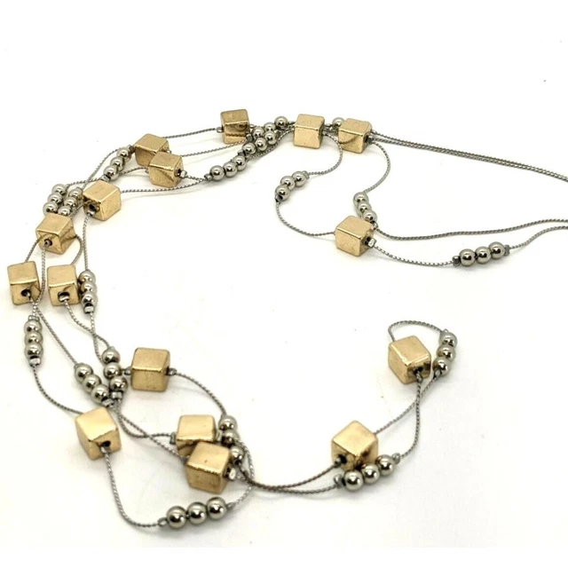 CHARMING CHARLIE Station Necklace Double Strand Gold Cubes Silver Tone Beads 35"