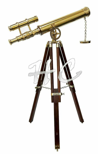 18" Brass Marine Nautical Double Barrel Telescope Navy With Wooden Tripod Stand.