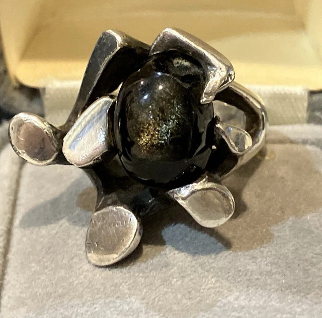 Vintage Mexican Signed Mateo Brutalist Taxco 950 Silver Tiger Eye Ring Size 6