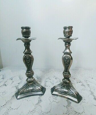 Vintage Ornate Brass Candlestick Candle Holders w/ Floral Drip Plates
