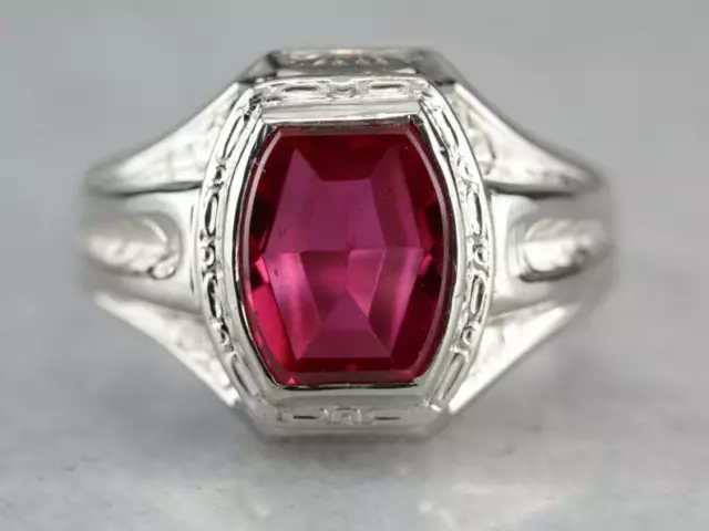 Art Deco Lab Created Red Ruby Solid 935 Argentium Silver Anniversary Ring