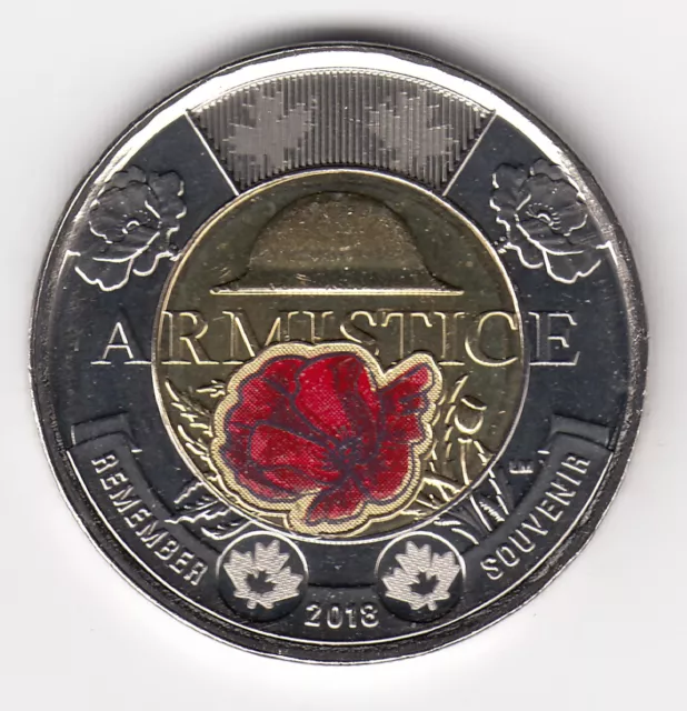 2018 Canada $2 Toonie Armistice Poppy BU Coloured Coin From Special Wrap Roll