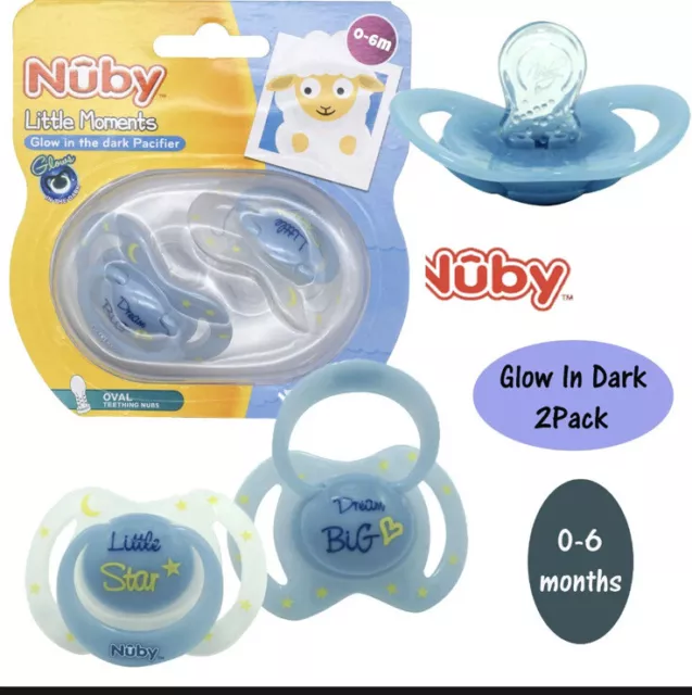 2Pk Nuby Little Moments Glow In The Dark Dummies/ Pacifiers Blue 0-6M Oval