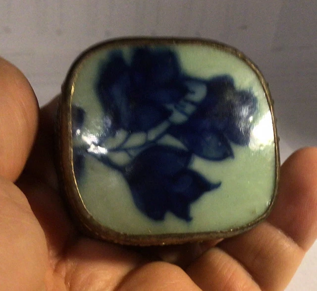 vintage Chinese shard box silver with blue flowers 2  1/4” x 2  1/8”