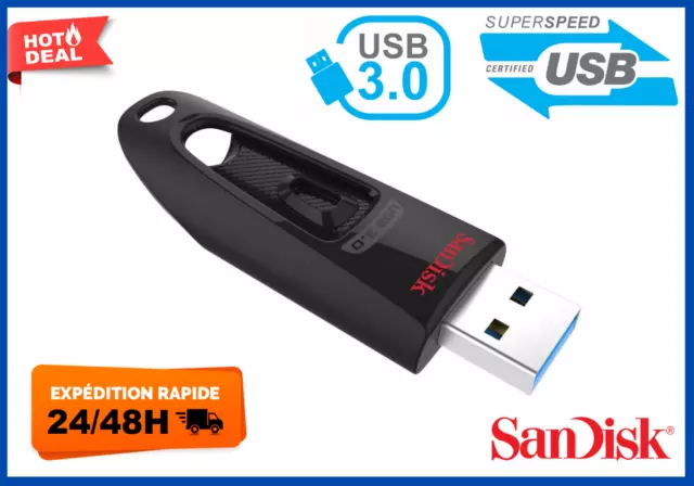 Clé USB 3.0 SanDisk Ultra 32-64-128 Go -100 Megabytes/S Lecteur Mémoire Flash FR