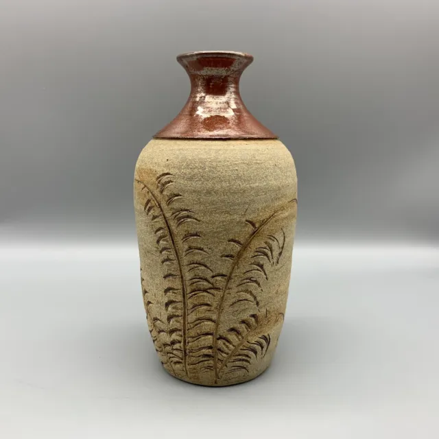 Ringquist Studio Art Pottery Vase 7" Copper Glaze Textured Fern Leaf Signed