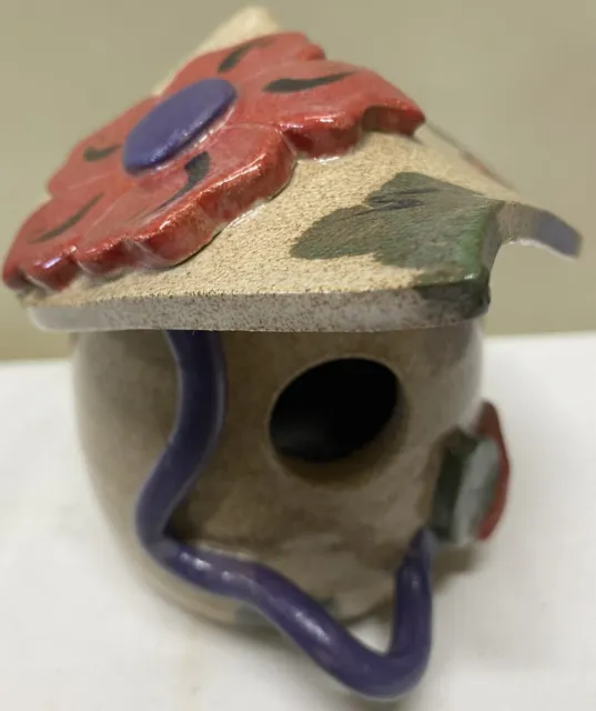 Handcrafted/Painted Pottery Birdhouse w Applied Flower/Lady Bug SIGNED