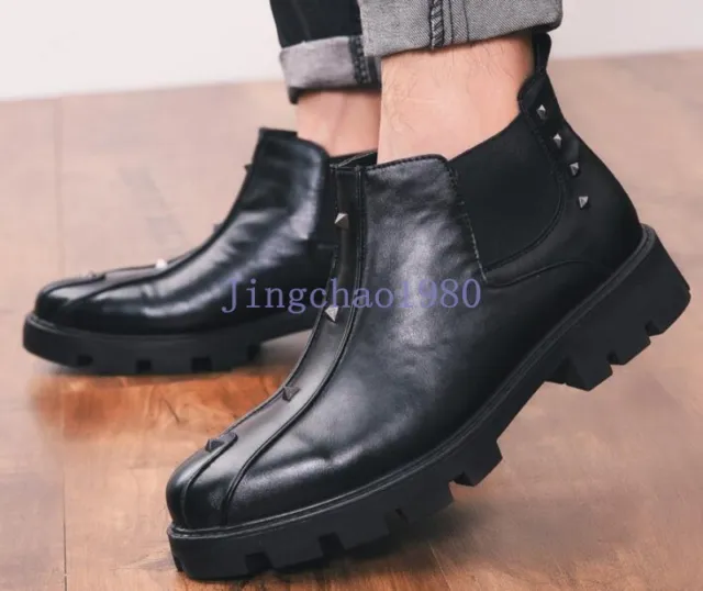 Mens Ankle Boots Leather British Style Slip On Rivets Casual Shoes Vintage Shoes