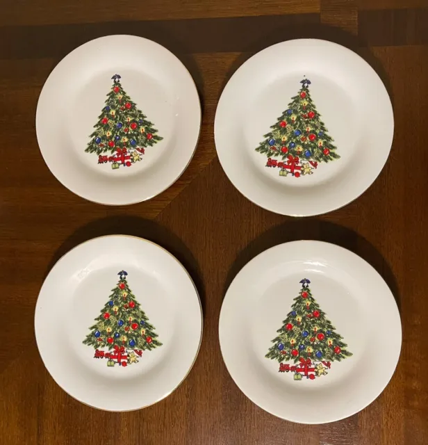 Set Of 4 Vtg Sea Gull Fine China Salad Plates Christmas Tree Gold Rim 7.5”