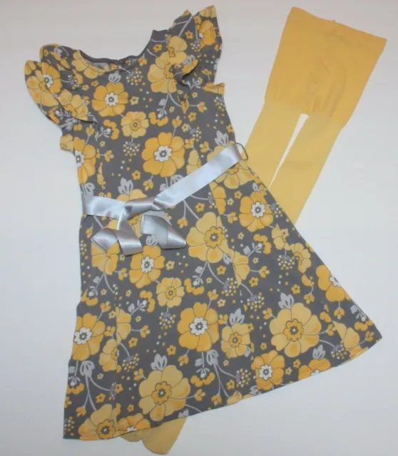 Gymboree Bright Owl Belted Floral Ruffle Dress Sparkle Yellow Tights size 5 6 7