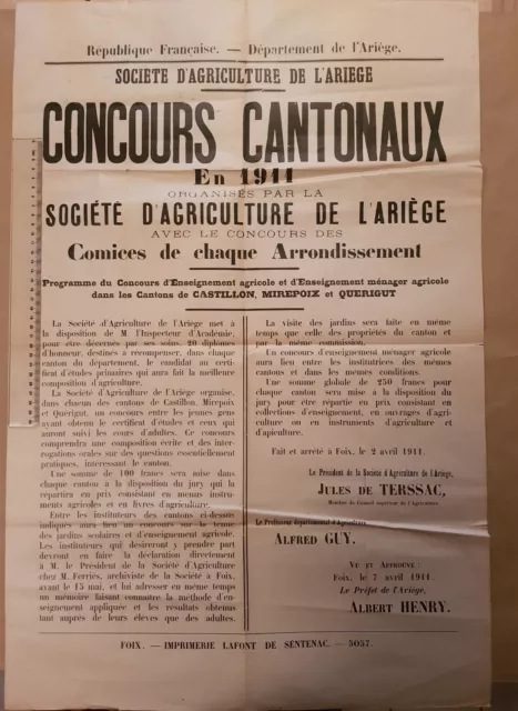 Affiche ORIGINALE 1911 concours agricole de l'Ariege. Foix