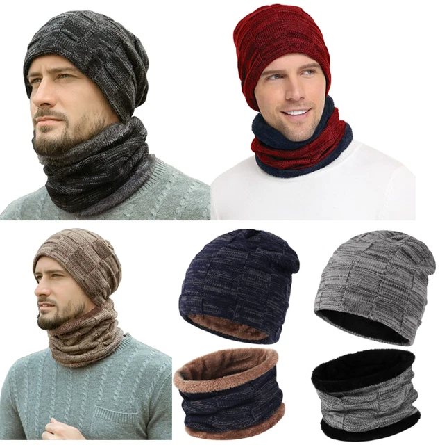 Gorro de Invierno y Bufanda con Forro para Hombres Gorro Térmico Polar de Punto