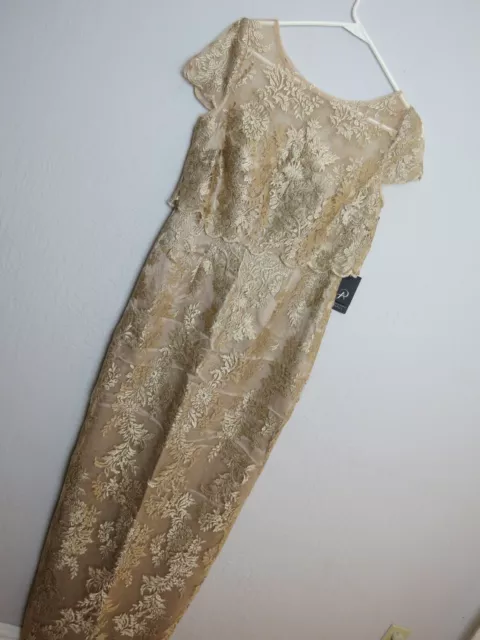 NWT Adrianna Papell Sz 6 Gold Lace Overlay Short Sleeve Mother of Bride Dress