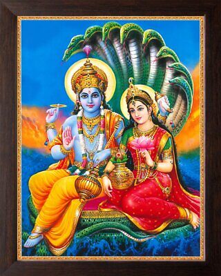 Il Signore Vishnu & DEA LAKSHMI dando Benedizione Pittura Stampa con cornice in legno 