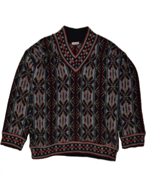 INVICTA Mens V-Neck Jumper Sweater Large Black Fair Isle Wool AX15