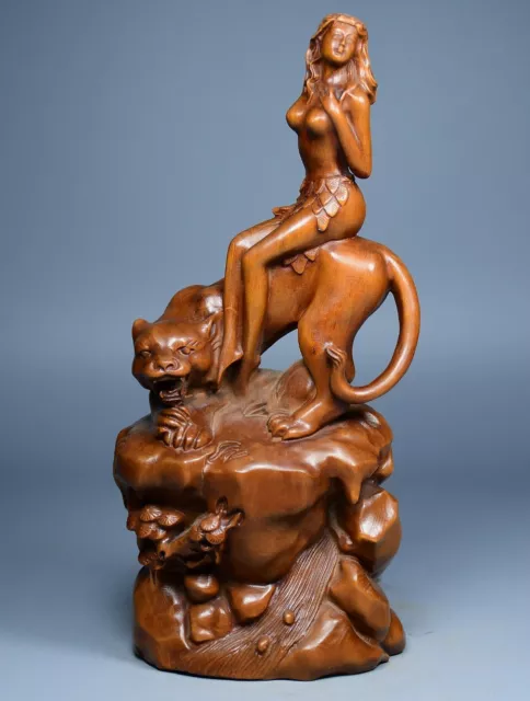 Chinese Boxwood Wood Carving Tiger And Sexy Woman Figure Statue Sculpture Decor