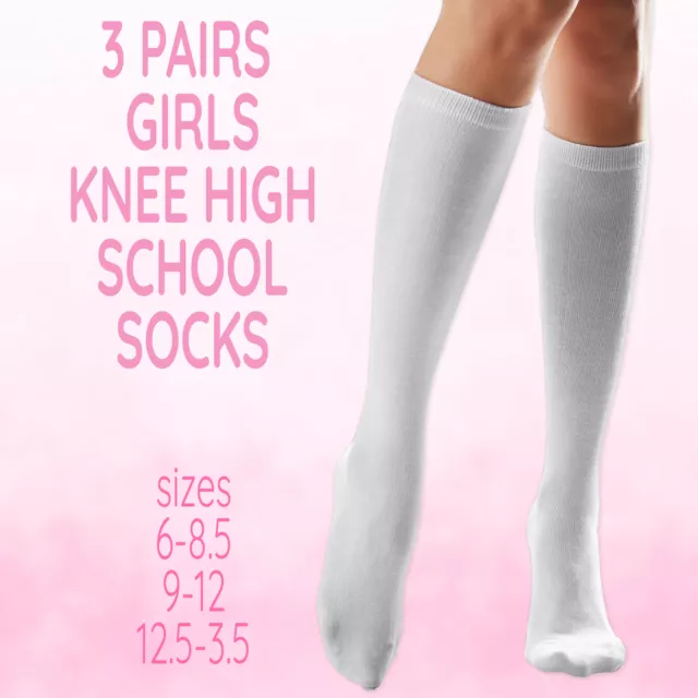 Kids Childrens Girls 3 Pairs Knee High Uniform Plain Socks Back To School White