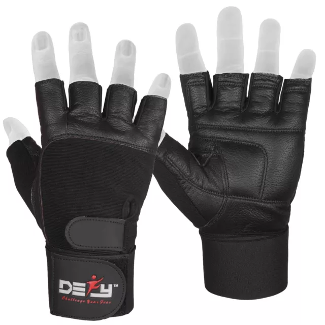 DEFY Real Leather Padded Gym Gloves Fitness Weightlifting Training Long Wrist