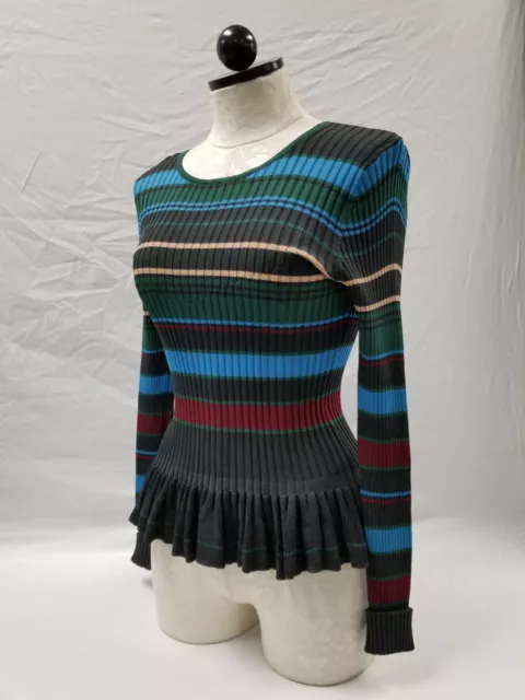 Torn by Ronny Kobo Ribbed Knit LS Peplum Top in Bold Stripe Size S MSRP $328^