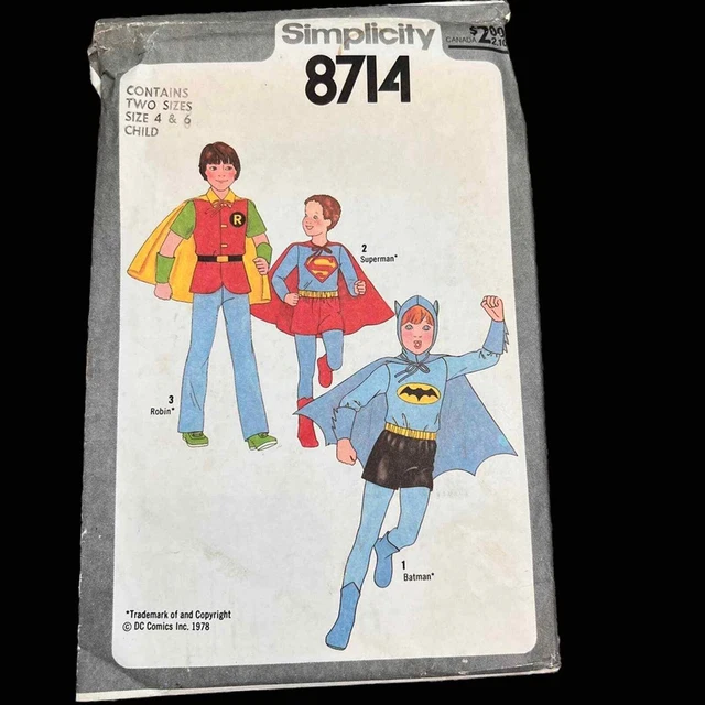 Vintage 1978 Simplicity DC Comics Pattern Batman Robin Superman Size 4 & 6