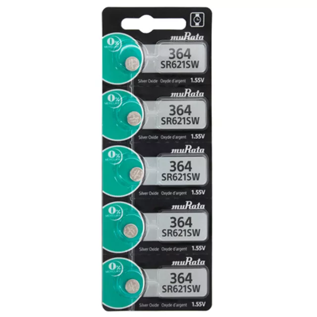 364 (SR621SW) Silver Oxide Murata Replaces Sony Battery 1.55 Volt 5 Pcs