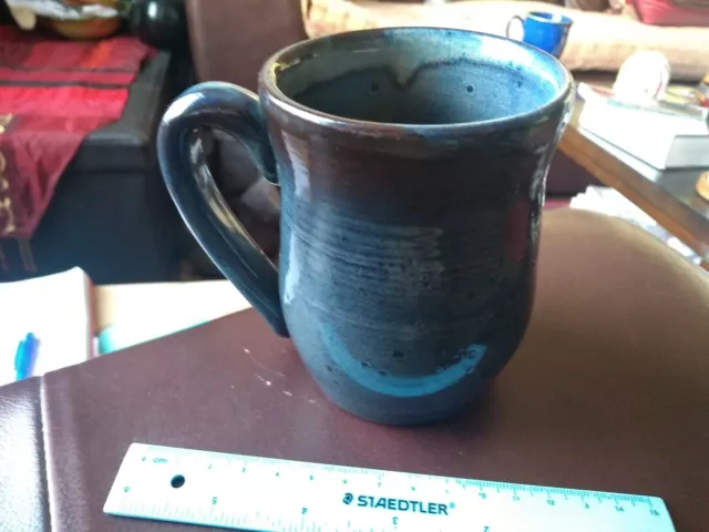 Studio Pottery Earthenware Mug, Deep Blue Glaze. Mark LP? 10.5cm Tall, 7.5cm Dia