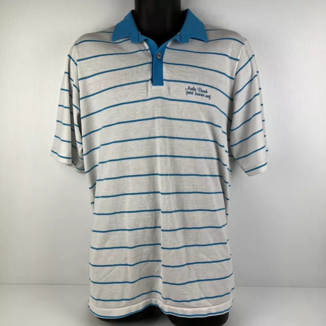 Vintage Australian Made Airlie Beach Striped Polo Shirt Mens XL White/Blue 62/80