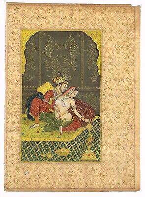 Indien Peinture Miniature De Empereur & Impératrice En Love Scène Œuvre Sur