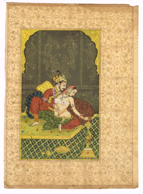 Mano Miniatura India Pintura Un Mogol Emperador & Empress Amor Escena