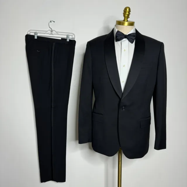 J Crew Ludlow Tuxedo Suit Mens Solid Black 42R 34W Italy Tollegno