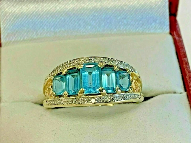 3.20Ct Emerald Cut Simulated Blue Topaz Five Stone Ring 14K Yellow Gold Plated
