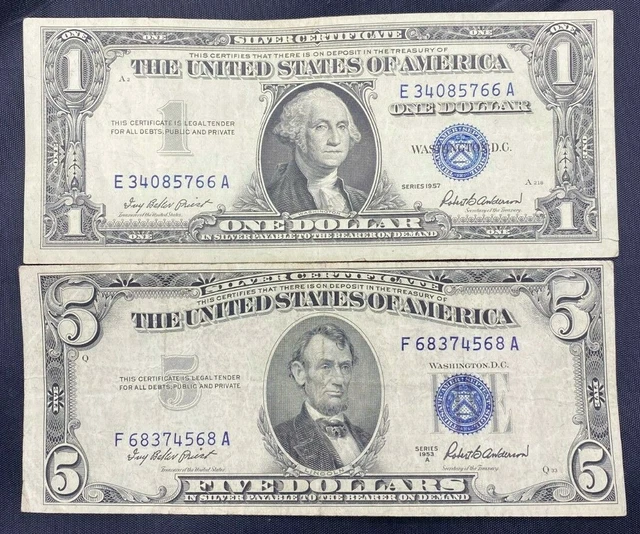 US Paper Currency Collection $5 Dollar Blue $1 Dollar Blue Silver Certificate
