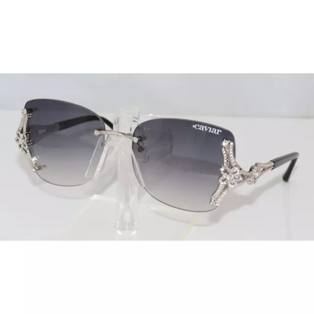 New Caviar Cat Eye M6875 C35 Black & Silver Sunglasses w/ Swarovski Crystals