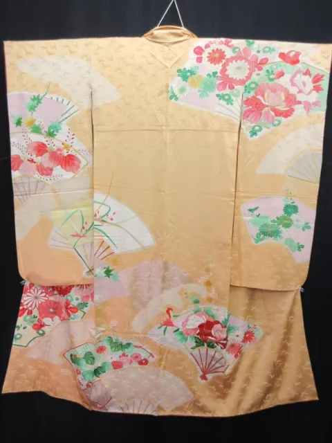 8155B1 Silk Vintage Japanese Kimono Furisode Chrysanthemum Crane Birds