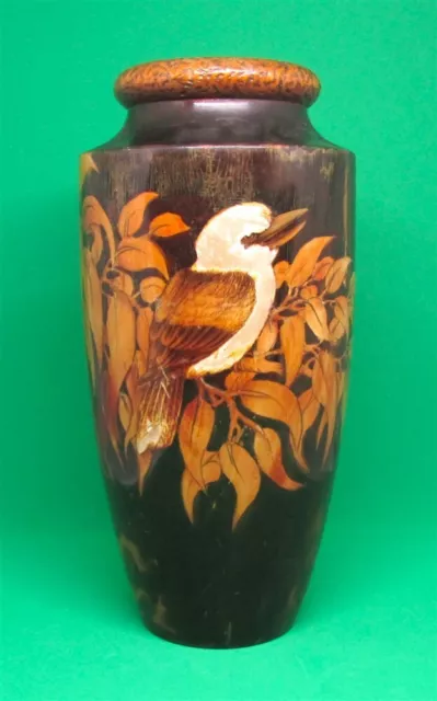 Vintage Large Size 25.3cm Wooden Pokerwork Pyrography Vase Kookaburra Gum Leaves