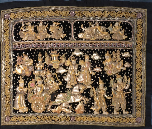 Antique Burmese Kalaga Jeweled Hand Embrodered Tapestry