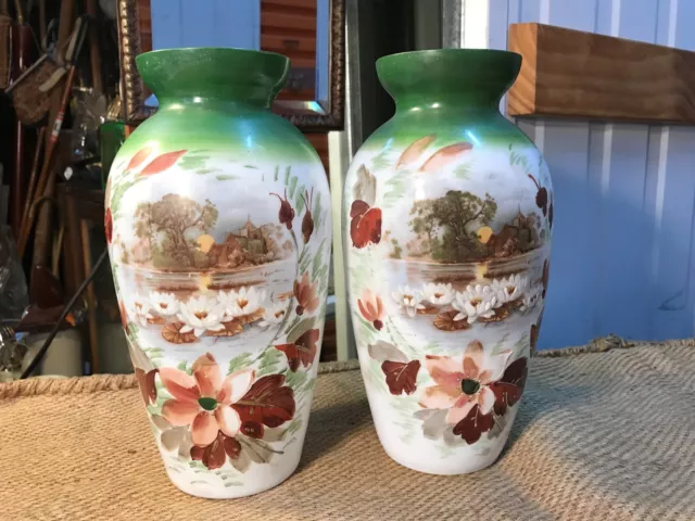 Pair of Antique Victorian English Hand Decorated Milk Glass Mantle Vases
