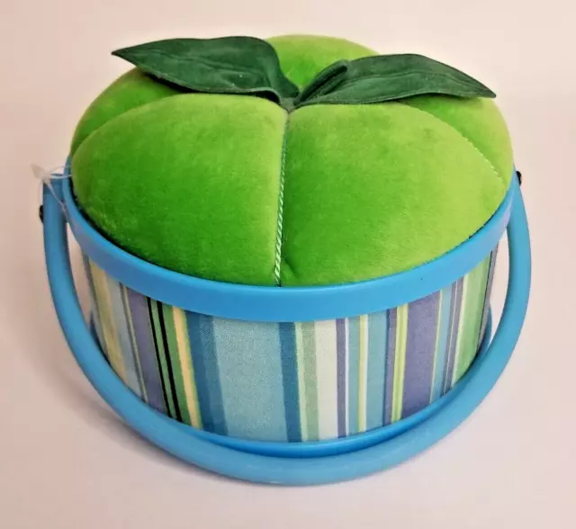 Round Sewing Basket Pin Cushion Top Striped Sides Tray Insert Retro Look Classic