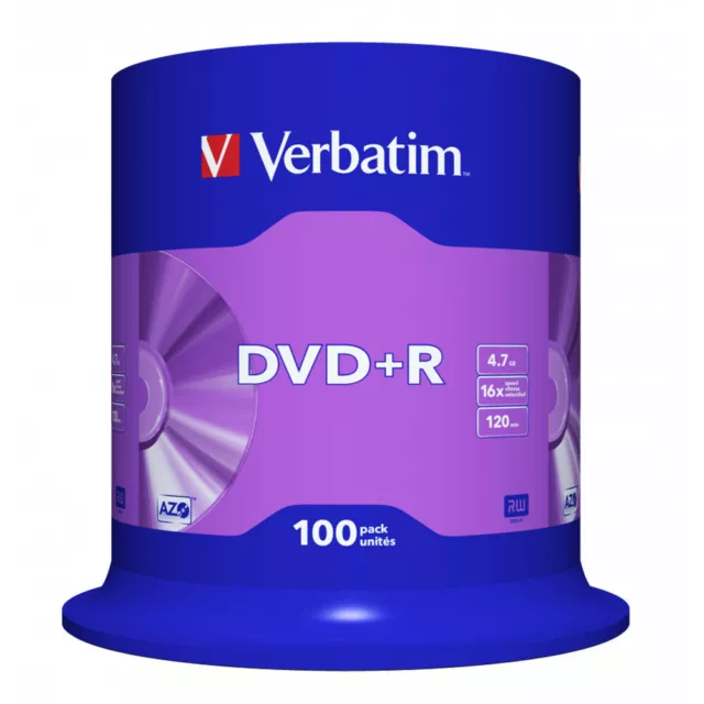 100 DVD+R Verbatim Matt Silver AZO 4,7GB 16X 120 Minuti Cake Box 43551