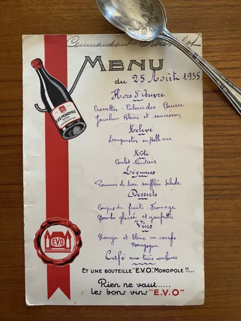 Menu Ancien Août 1935 Pub EVO Monopole Vins Collection PUB