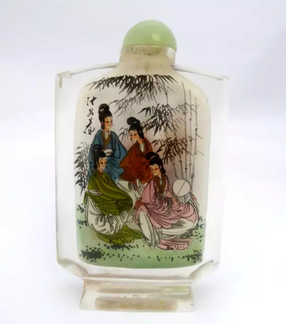 Chinese Inside Inner Painted Cut Rock Crystal Glass Snuff Bottle Stone Jade Lid