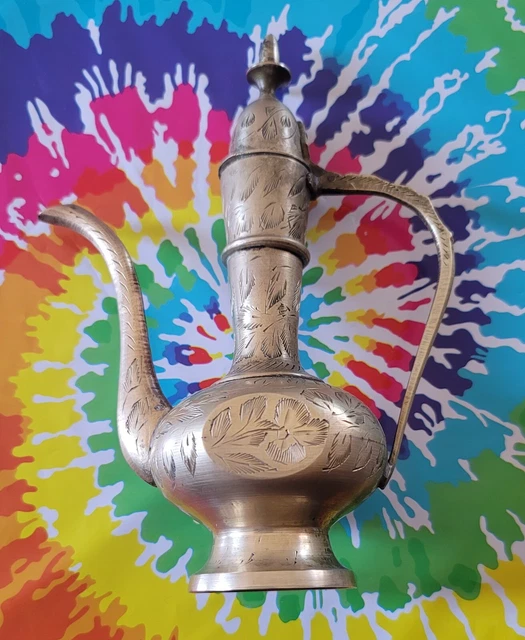 VINTAGE Sarana Brass Hand Made & Etched Teapot Pitcher Made in India  8" Tall