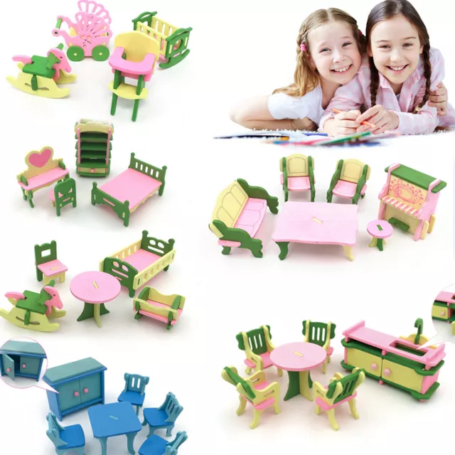 Kids Wooden Furniture Dolls House Miniature Room Set Doll Toys For Gift DIY