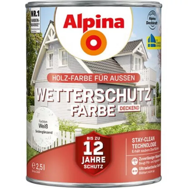 Alpina Wetterschutzfarbe weiß  Holz-Farbe weiss für Außen deckend weiß 2,5 L