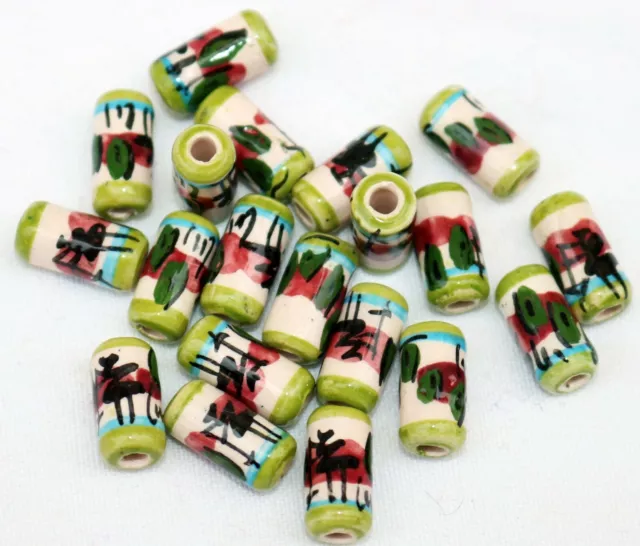 20 Keramik Perlen, 14 mm, Walze Zylinder grün, Cholita Anden Inka Schmuck Perle