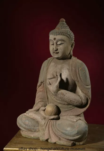 14.4 " Old Chinese Buddhism wood Carving Seat Sakyamuni Tathagata Buddha Statue
