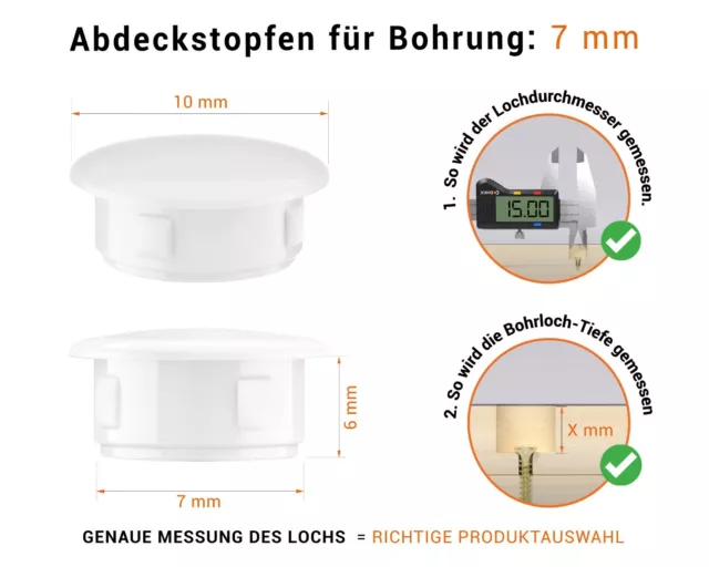 Abdeckstopfen für Bohrung Ø 7 mm weiß Blindstopfen Abdeckkappen Lochkappen